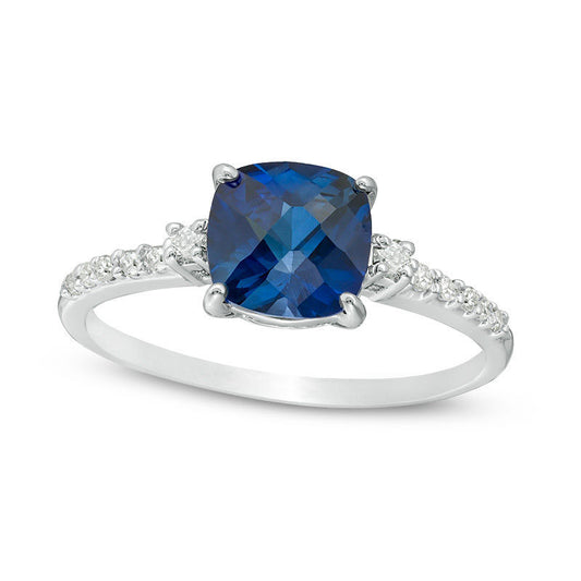 7.0mm Cushion-Cut Lab-Created Blue Sapphire and 0.13 CT. T.W. Diamond Engagement Ring in Solid 10K White Gold