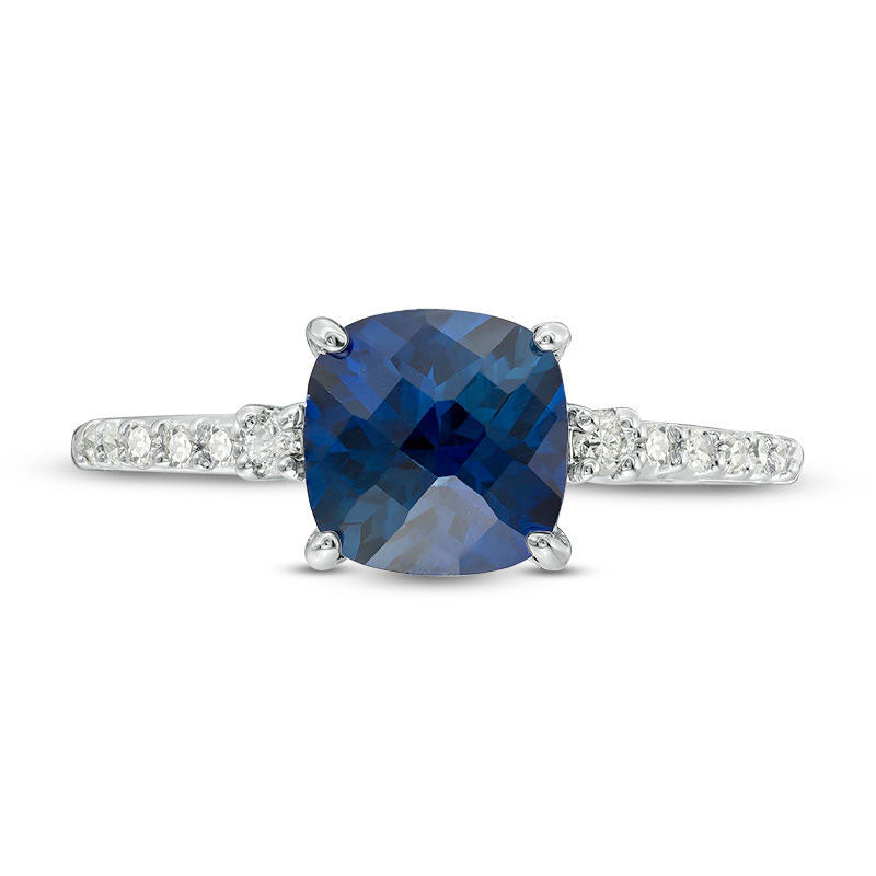 7.0mm Cushion-Cut Lab-Created Blue Sapphire and 0.13 CT. T.W. Diamond Engagement Ring in Solid 10K White Gold