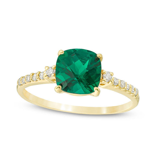 7.0mm Cushion-Cut Lab-Created Emerald and 0.13 CT. T.W. Diamond Engagement Ring in Solid 10K Yellow Gold