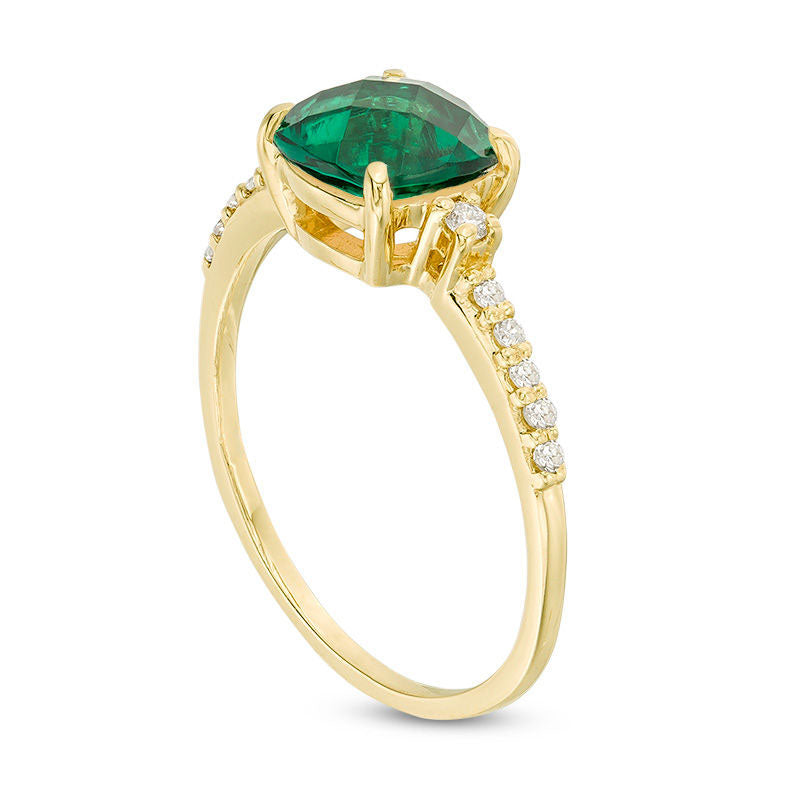 7.0mm Cushion-Cut Lab-Created Emerald and 0.13 CT. T.W. Diamond Engagement Ring in Solid 10K Yellow Gold