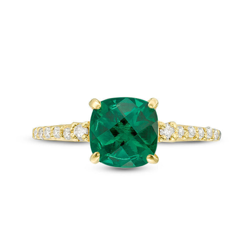 7.0mm Cushion-Cut Lab-Created Emerald and 0.13 CT. T.W. Diamond Engagement Ring in Solid 10K Yellow Gold