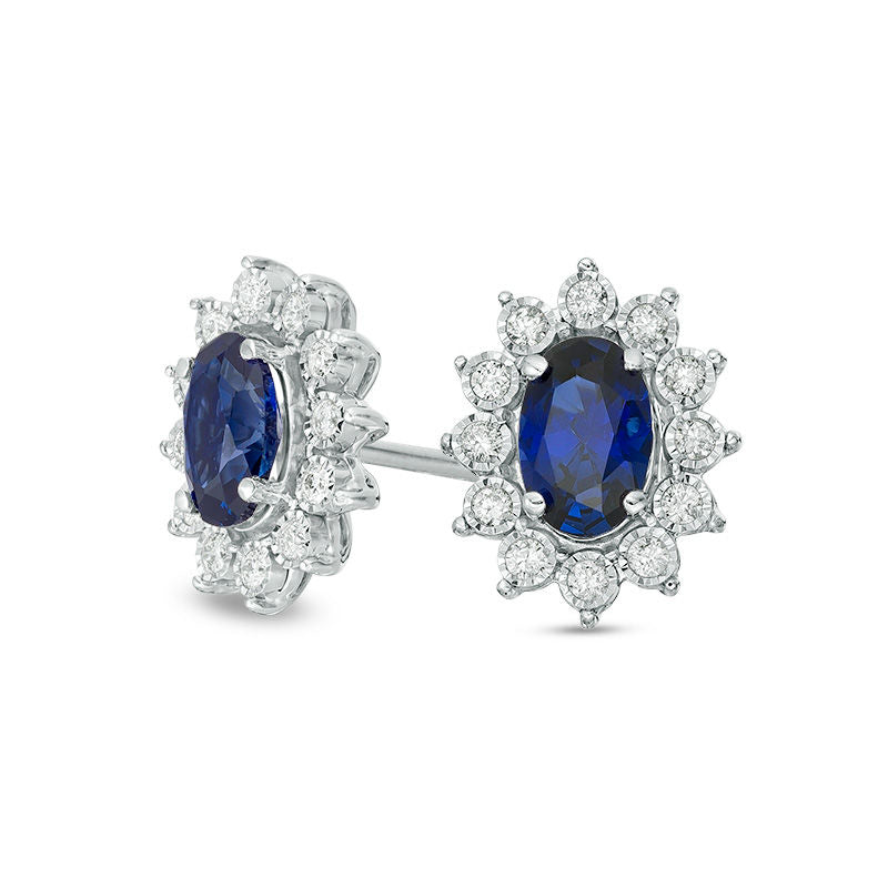 Oval Lab-Created Blue Sapphire and 0.17 CT. T.W. Diamond Starburst Frame Stud Earrings in 10K White Gold