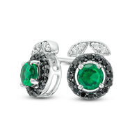 4.0mm Lab-Created Emerald and 0.2 CT. T.W. Enhanced Black and White Diamond Leaf Top Stud Earrings in Sterling Silver