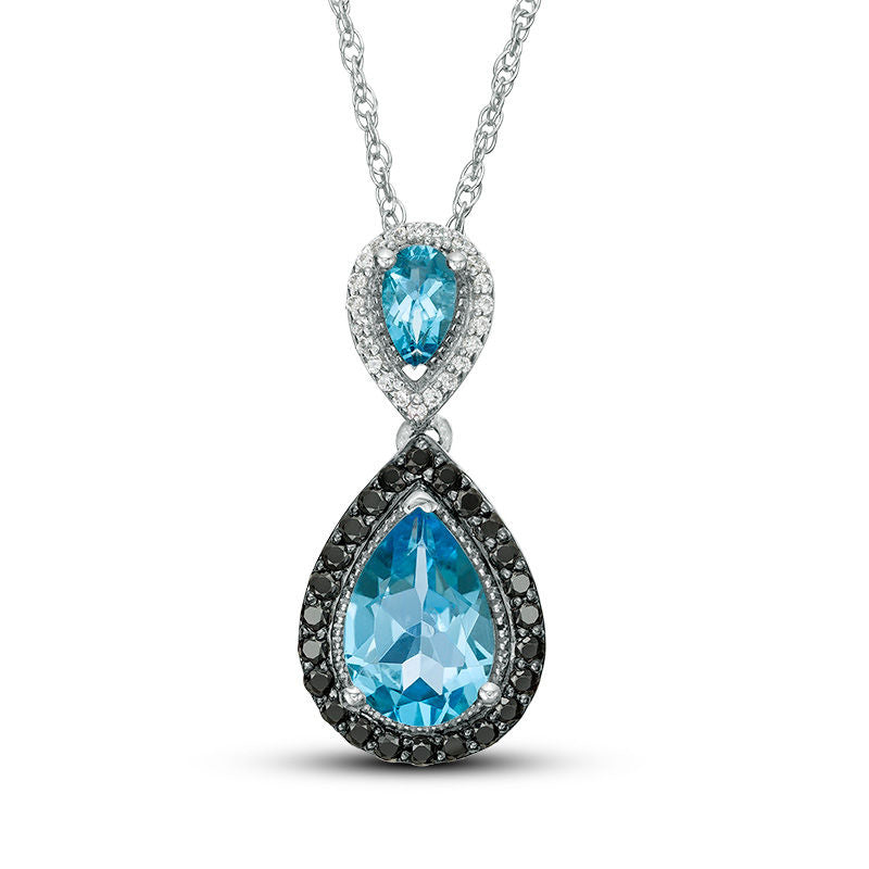 Pear-Shaped Blue Topaz and 0.25 CT. T.W. Enhanced Black and White Natural Diamond Frame Drop Pendant in Sterling Silver