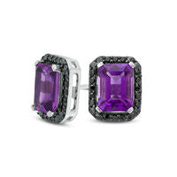 Emerald-Cut Amethyst and 0.13 CT. T.W. Enhanced Black Diamond Frame Stud Earrings in Sterling Silver