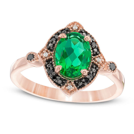 Oval Lab-Created Emerald and 0.07 CT. T.W. Enhanced Black and White Diamond Antique Vintage-Style Ring in Solid 10K Rose Gold