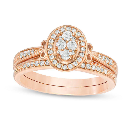 0.33 CT. T.W. Composite Natural Diamond Oval Frame Bridal Engagement Ring Set in Solid 10K Rose Gold