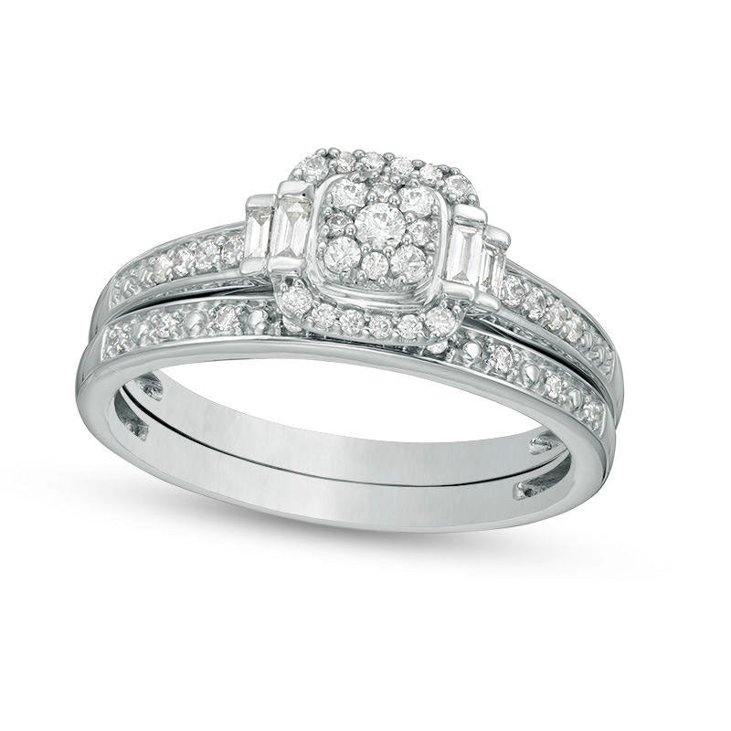 0.33 CT. T.W. Composite Natural Diamond Cushion Frame Stepped Shank Bridal Engagement Ring Set in Solid 10K White Gold