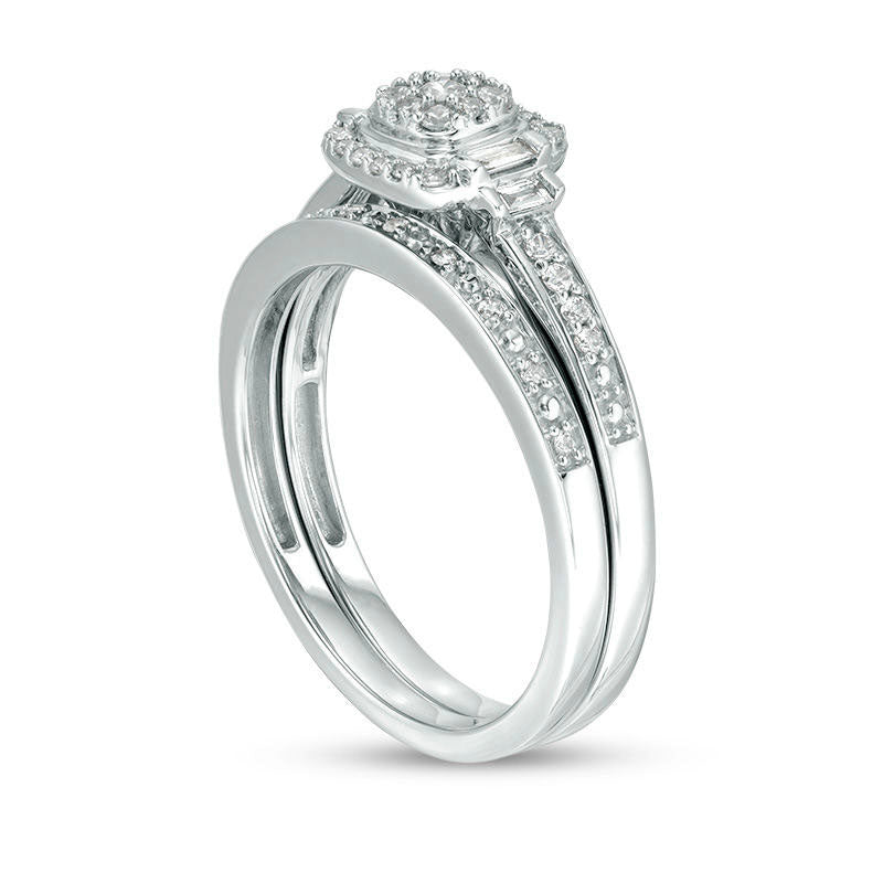 0.33 CT. T.W. Composite Natural Diamond Cushion Frame Stepped Shank Bridal Engagement Ring Set in Solid 10K White Gold