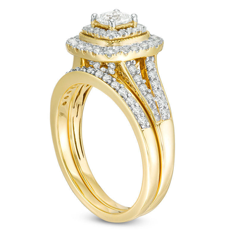 1.0 CT. T.W. Princess-Cut Natural Diamond Double Frame Antique Vintage-Style Bridal Engagement Ring Set in Solid 10K Yellow Gold