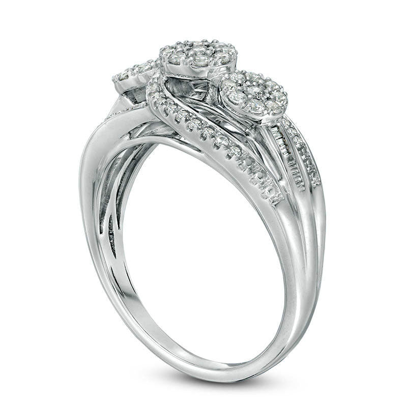 0.38 CT. T.W. Natural Diamond Three Stone Frame Bypass Engagement Ring in Sterling Silver