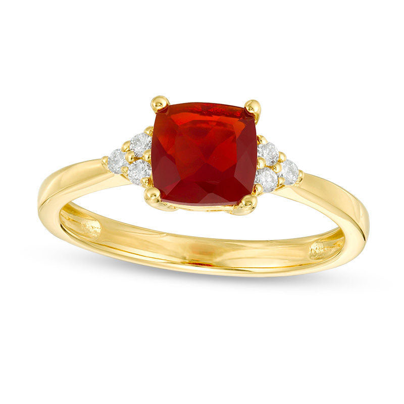 6.5mm Cushion-Cut Fire Opal and 0.10 CT. T.W. Natural Diamond Tri-Sides Ring in Solid 14K Gold