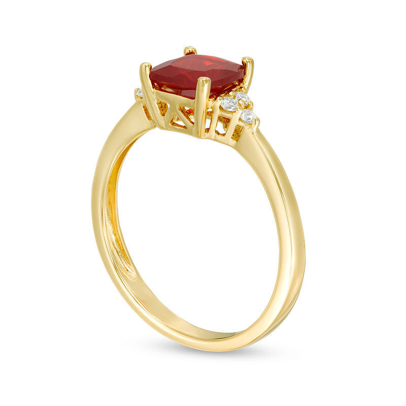 6.5mm Cushion-Cut Fire Opal and 0.10 CT. T.W. Natural Diamond Tri-Sides Ring in Solid 14K Gold