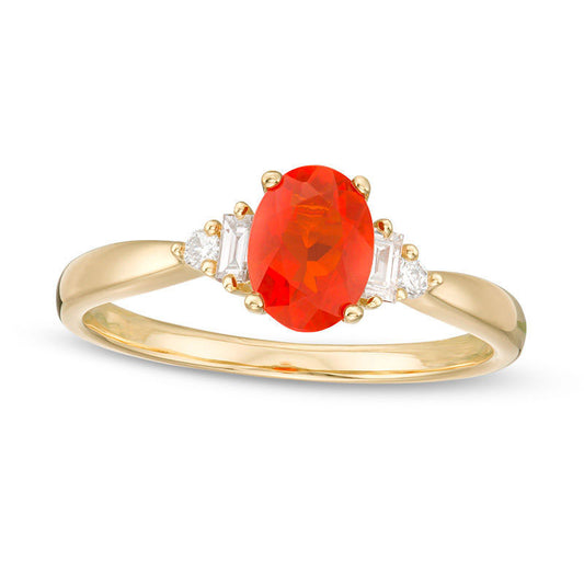 Oval Fire Opal and 0.10 CT. T.W. Baguette Natural Diamond Ring in Solid 14K Gold