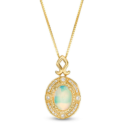 Oval Opal and 0.07 CT. T.W. Natural Diamond Rope Frame Antique Vintage-Style Pendant in 14K Gold