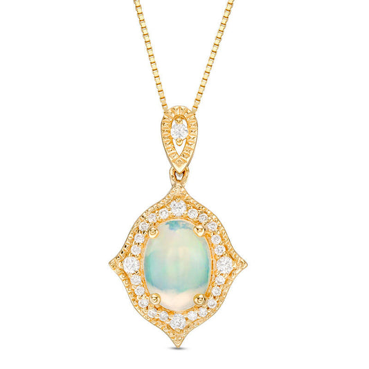 Oval Opal and 0.13 CT. T.W. Natural Diamond Frame Antique Vintage-Style Pendant in 14K Gold