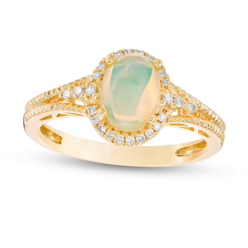 Oval Opal and 0.10 CT. T.W. Natural Diamond Frame Antique Vintage-Style Ring in Solid 10K Yellow Gold