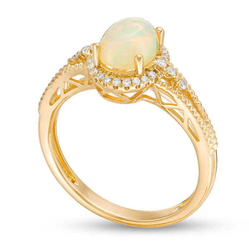 Oval Opal and 0.10 CT. T.W. Natural Diamond Frame Antique Vintage-Style Ring in Solid 10K Yellow Gold