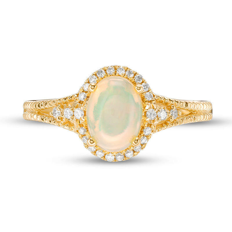 Oval Opal and 0.10 CT. T.W. Natural Diamond Frame Antique Vintage-Style Ring in Solid 10K Yellow Gold