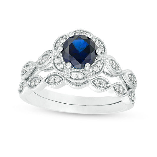 6.0mm Lab-Created Blue Sapphire and 0.20 CT. T.W. Diamond Frame Bridal Engagement Ring Set in Solid 10K White Gold