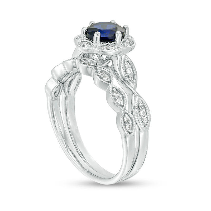 6.0mm Lab-Created Blue Sapphire and 0.20 CT. T.W. Diamond Frame Bridal Engagement Ring Set in Solid 10K White Gold