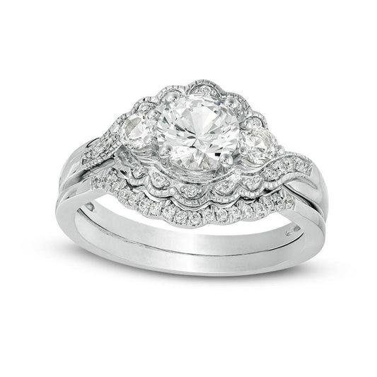 Lab-Created White Sapphire and 0.17 CT. T.W. Diamond Three Stone Bypass Antique Vintage-Style Bridal Engagement Ring Set in Sterling Silver