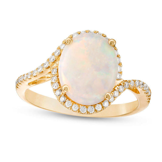 Oval Opal and 0.20 CT. T.W. Natural Diamond Frame Bypass Ring in Solid 14K Gold