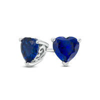 6.0mm Heart-Shaped Lab-Created Blue Sapphire Solitaire with Scroll Side Accents Stud Earrings in Sterling Silver