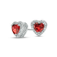 5.0mm Heart-Shaped Garnet and Diamond Accent Bead Frame Stud Earrings in Sterling Silver