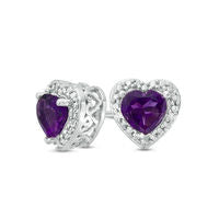 5.0mm Heart-Shaped Amethyst and Diamond Accent Bead Frame Stud Earrings in Sterling Silver