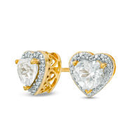 5.0mm Heart-Shaped Lab-Created White Sapphire and Diamond Accent Stud Earrings in Sterling Silver with 14K Gold Plate