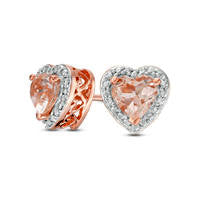 5.0mm Heart-Shaped Morganite and Diamond Accent Bead Frame Stud Earrings in Sterling Silver with 14K Rose Gold Plate