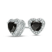 5.0mm Heart-Shaped Onyx and Diamond Accent Bead Frame Stud Earrings in Sterling Silver