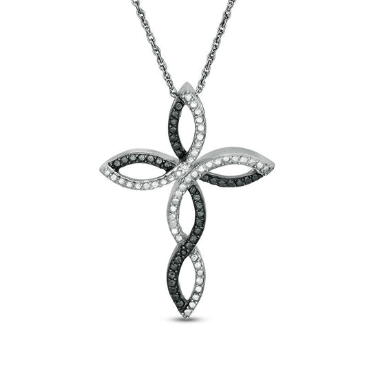 Enhanced Black and White Natural Diamond Accent Twist Ribbon Cross Pendant in Sterling Silver