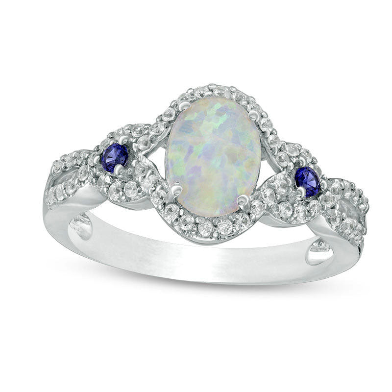 Oval Lab-Created Opal, Blue and White Sapphire Open Frame Twist Shank Ring in Sterling Silver