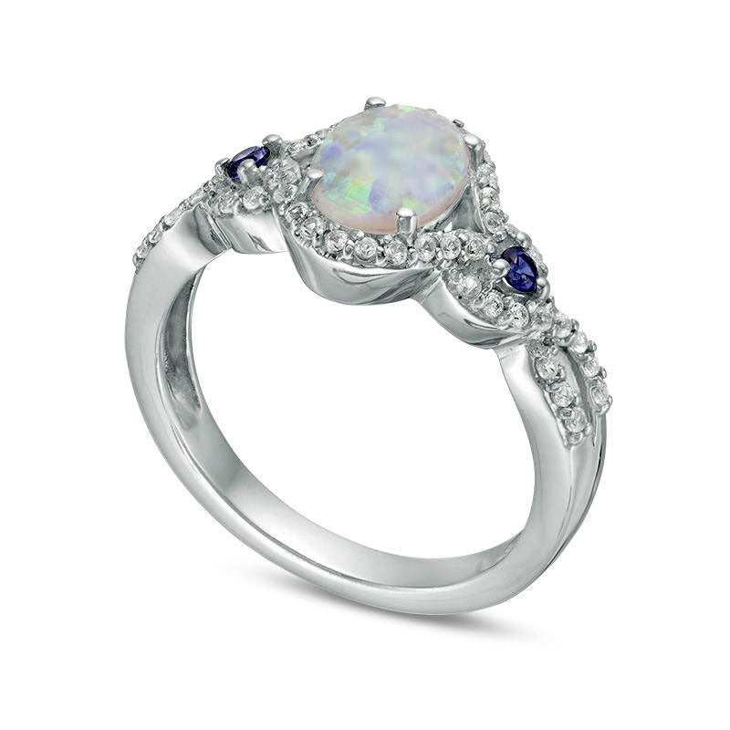 Oval Lab-Created Opal, Blue and White Sapphire Open Frame Twist Shank Ring in Sterling Silver