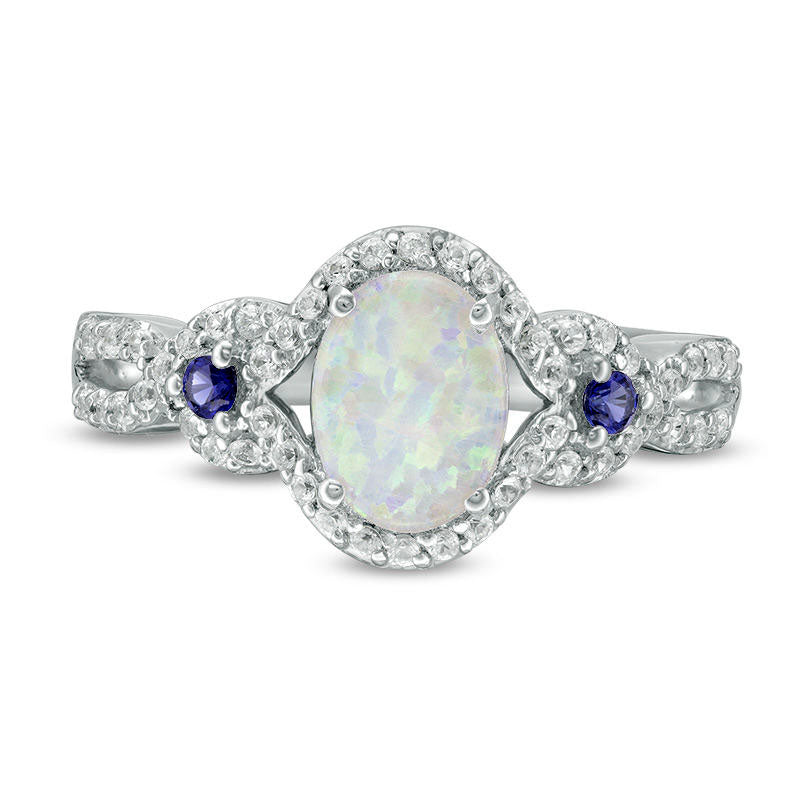 Oval Lab-Created Opal, Blue and White Sapphire Open Frame Twist Shank Ring in Sterling Silver