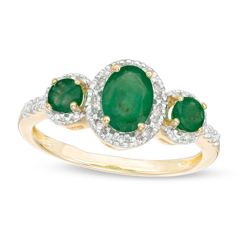 Oval Emerald and 0.05 CT. T.W. Natural Diamond Three Stone Frame Ring in Solid 10K Yellow Gold - Size 7