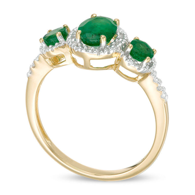 Oval Emerald and 0.05 CT. T.W. Natural Diamond Three Stone Frame Ring in Solid 10K Yellow Gold - Size 7