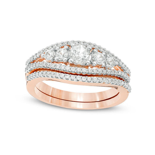 Lab-Created White Sapphire and 0.17 CT. T.W. Diamond Five Stone Bridal Engagement Ring Set in Solid 10K Rose Gold