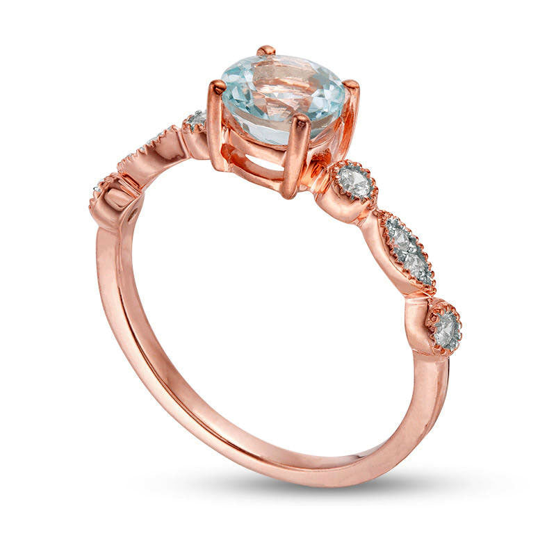 6.0mm Aquamarine and 0.10 CT. T.W. Natural Diamond Antique Vintage-Style Ring in Solid 10K Rose Gold