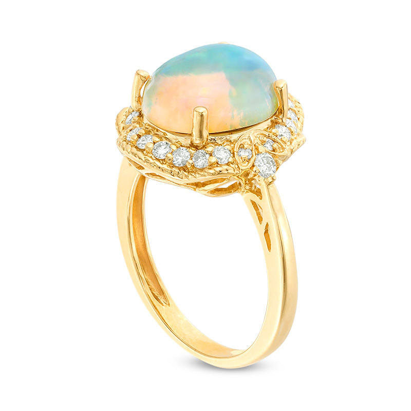 Oval Opal and 0.33 CT. T.W. Natural Diamond Rope Frame with Leaf Accents Ring in Solid 14K Gold