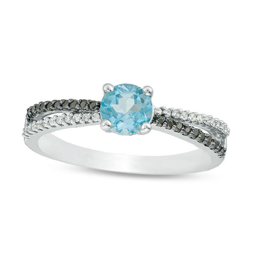 5.0mm Blue Topaz and 0.13 CT. T.W. Enhanced Black and White Natural Diamond Criss-Cross Ring in Sterling Silver