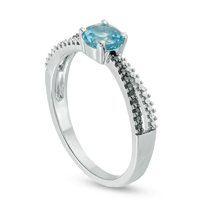 5.0mm Blue Topaz and 0.13 CT. T.W. Enhanced Black and White Natural Diamond Criss-Cross Ring in Sterling Silver