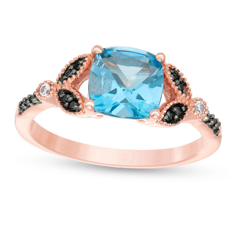 7.0mm Cushion-Cut Blue Topaz and 0.10 CT. T.W. Enhanced Black and White Natural Diamond Antique Vintage-Style Ring in Solid 10K Rose Gold