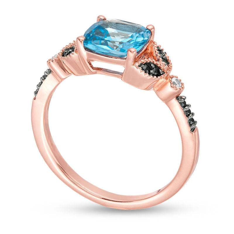 7.0mm Cushion-Cut Blue Topaz and 0.10 CT. T.W. Enhanced Black and White Natural Diamond Antique Vintage-Style Ring in Solid 10K Rose Gold