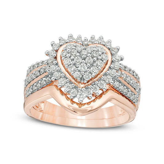 0.63 CT. T.W. Composite Natural Diamond Sunburst Heart Frame Multi-Row Bridal Engagement Ring Set in Sterling Silver with Solid 14K Rose Gold Plate