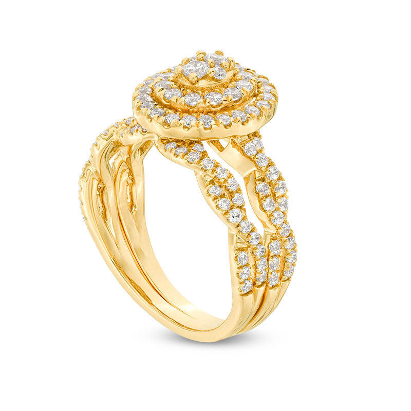 0.75 CT. T.W. Composite Natural Diamond Double Oval Frame Twist Bridal Engagement Ring Set in Solid 10K Yellow Gold