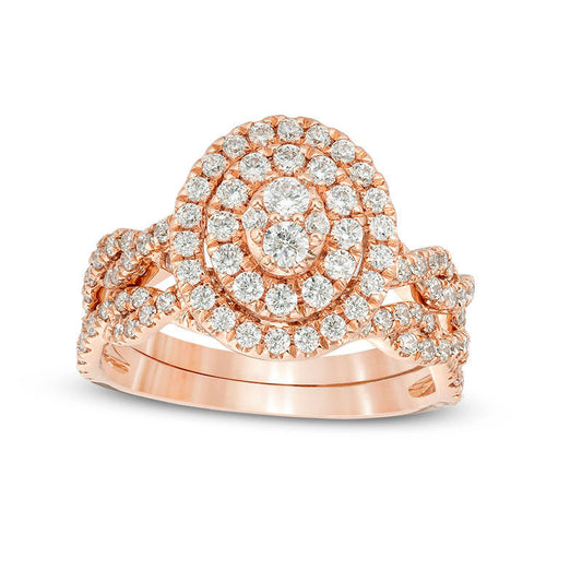 0.75 CT. T.W. Composite Natural Diamond Double Oval Frame Twist Bridal Engagement Ring Set in Solid 10K Rose Gold