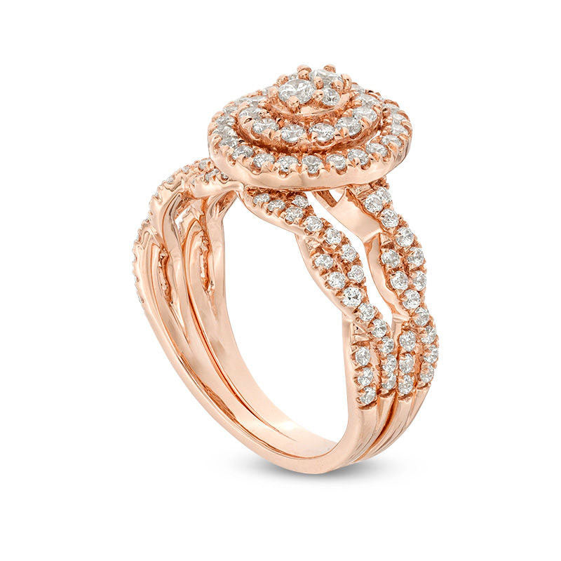 0.75 CT. T.W. Composite Natural Diamond Double Oval Frame Twist Bridal Engagement Ring Set in Solid 10K Rose Gold